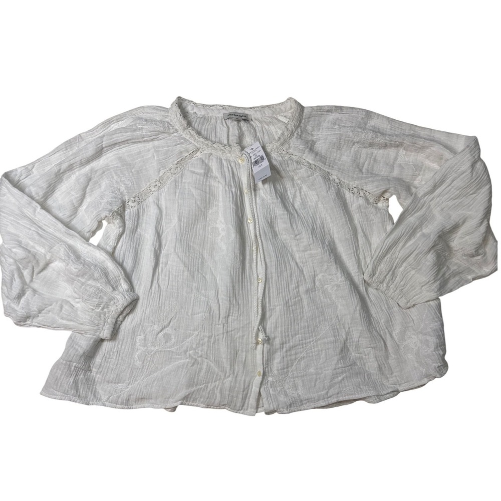 NWT‎ American Eagle White Embroidered Gauze Boho Blouse Button Front Lace Trim S